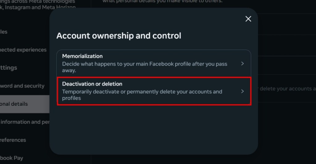 Select Deactivation or deletion option