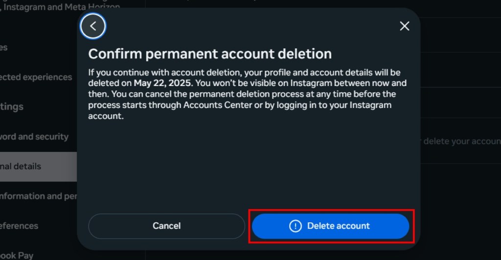 Select the Delete Account option again