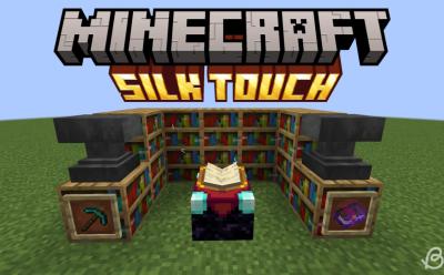 Enchanting table, bookshelves, anvils and a silk touch enchanted book in an item frame in Minecraft