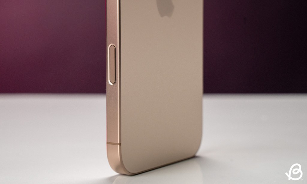 shot of an iPhone 16's right edge with focus on the camera control button