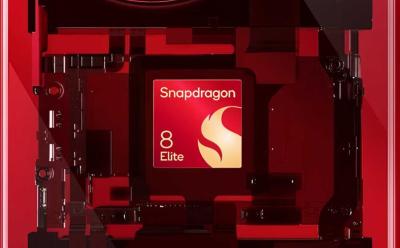 snapdragon 8 elite chip placed on a phone mockup over a red background