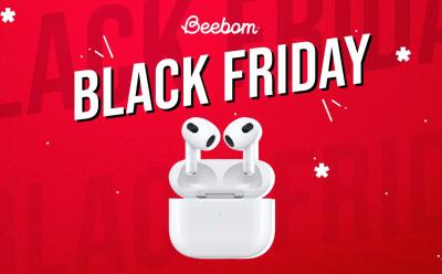 Apple AirPods 3rd Generation in front of a red background with Black Friday text at the top