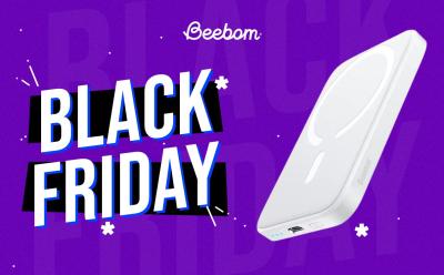 Baseus 6,000 mAh MagSafe Power Bank in front of a purple background with Black Friday text on the left