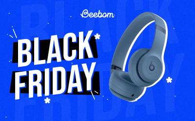 Beats Solo 4 in front of a blue background with Black Friday textl