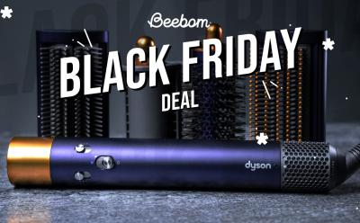 Dyson Airwrap with accessories placed on a table with black friday deal text on top