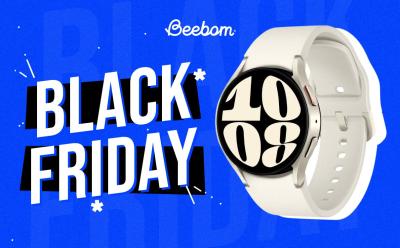 Galaxy Watch 6 in front of a blue background with Black Friday text