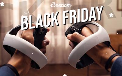 Hands holding PlayStation VR 2 controllers against a living room backdrop with Black Friday text at the top