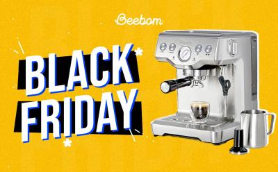 Product image of Breville the Infuser Espresso Machine placed on the right in front of a yellow background and Black Friday text on the left