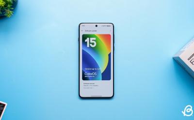 ColorOS 15 preview page on Oppo Find X8 Pro that's placed flat on a blue surface