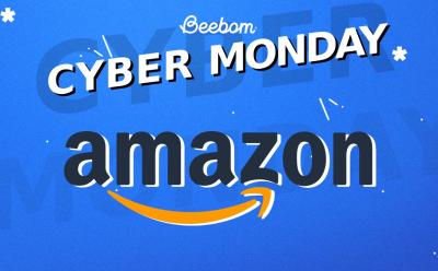 Amazon logo in front of a blue background with Cyber Monday text at the top