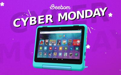product image of Fire HD 8 Kids Pro Tablet in front of a purple background with Cyber Monday text at the top