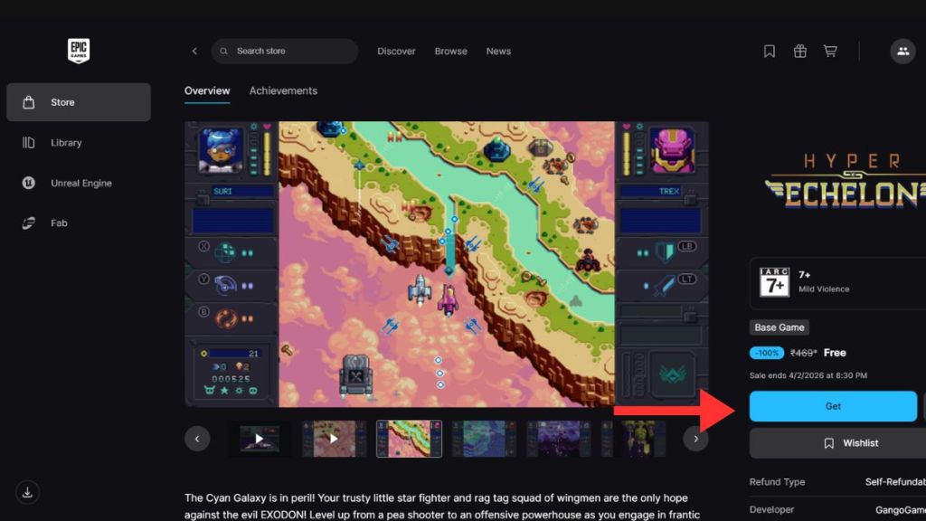 The "Get" button on the Epic Games Store