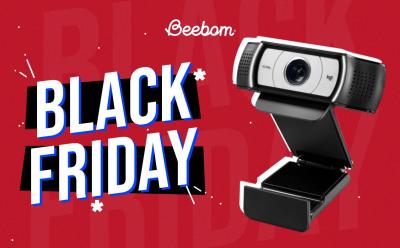 Product image of the Logitech Pro Webcam with a white shadow on a red background with Black Friday text on the left