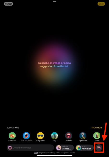 Photos option in Image Playground app