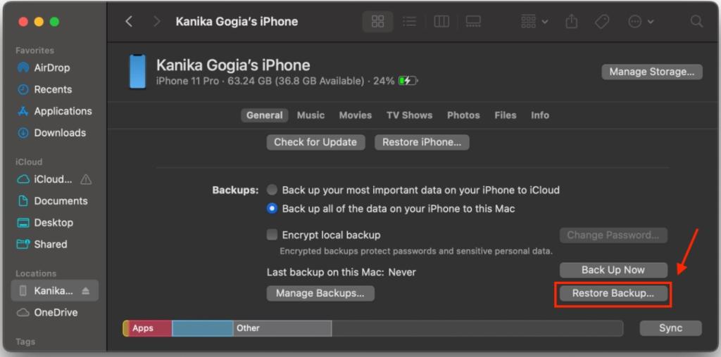 Restore iPhone bacckup from Finder on Mac