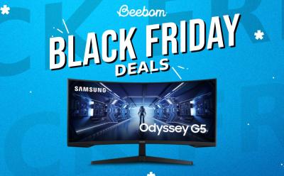 Samsung Odyssey G5 in front of a light blue background with Black Friday text on top
