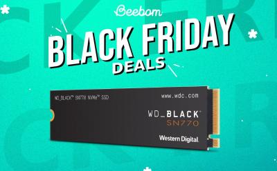 WD Black SN770 SSD placed in front of a greenish-blue background with Black Friday Deals on top