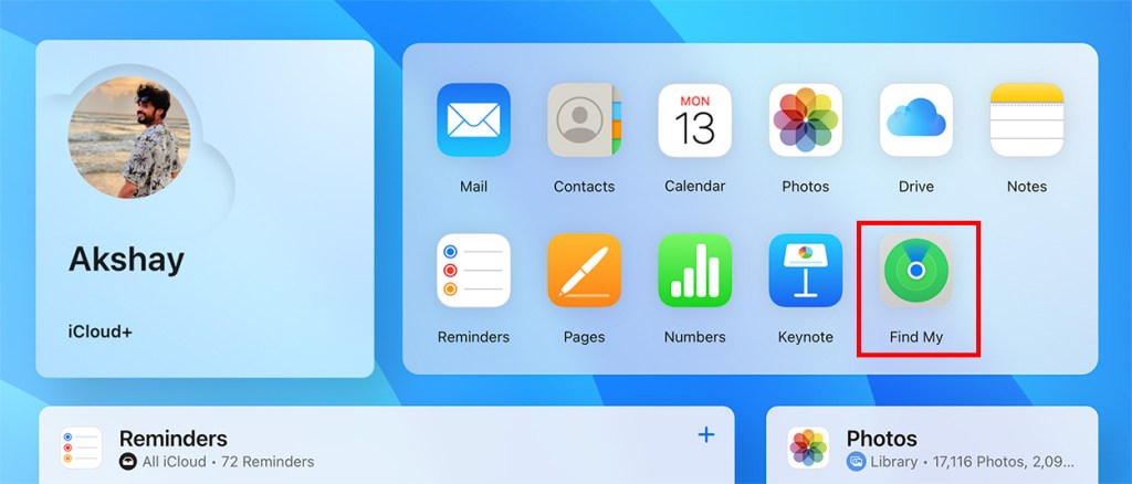 find my app icon in iCloud dashboard on web