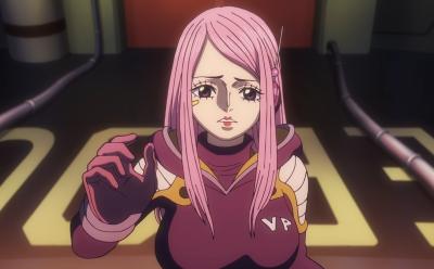 Jewelry Bonney reaching her hand to touch Kuma's memories in One Piece anime.