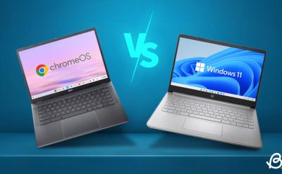an illustration showing a chromebook and Windows laptop next to each other in front of a teal-ish background