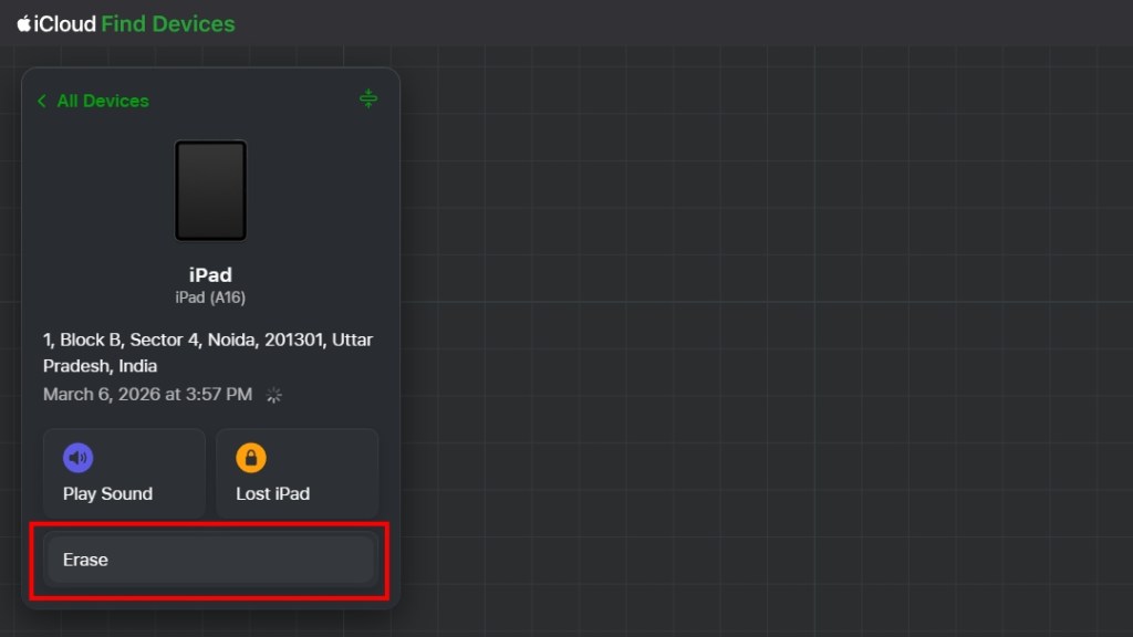 Click on the Erase iPad option in the Find My page