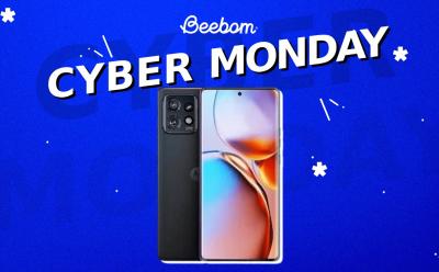 product image of Motorola Edge+ in front of a blue background with Cyber Monday text at the top