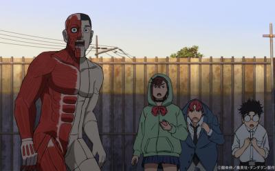 Momo, Jiji, and Okarun with the new anatomical model in Dandadan episode 11.