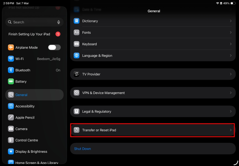 Go to Transfer and reset iPad option in settings