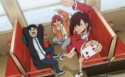 Jiji, Momo and Okarun playing cards in Dandadan anime.