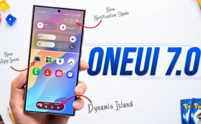 hand holding Samsung Galaxy S25 Ultra with a preview of One UI 7 showcasing features with textual references