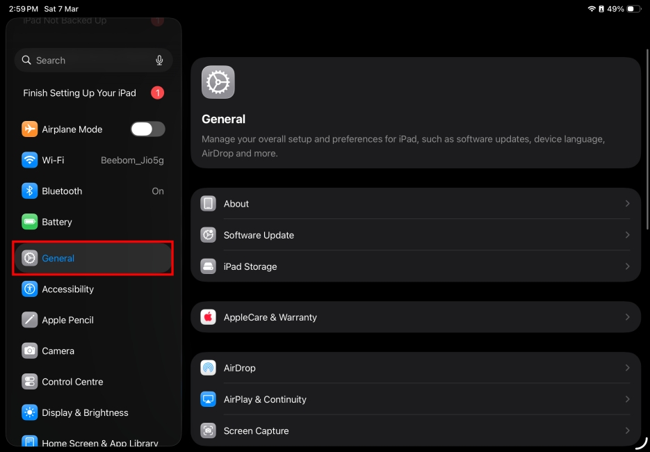 Opening the General option in the iPad setting