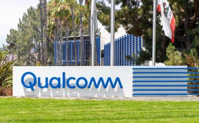 Qualcomm logo in front of Qualcomm headquarters in San Diego, California