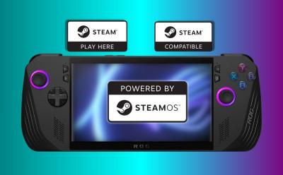 ROG Ally with Powered by Steam Deck logos and gradient background