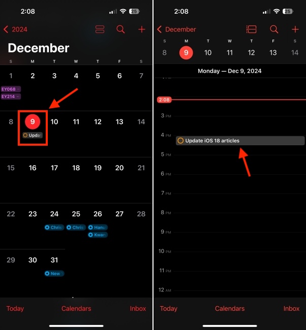 Reminders in Calendar app iOS 18