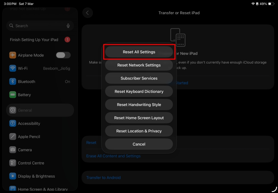 Select Reset All Settings option on the iPad