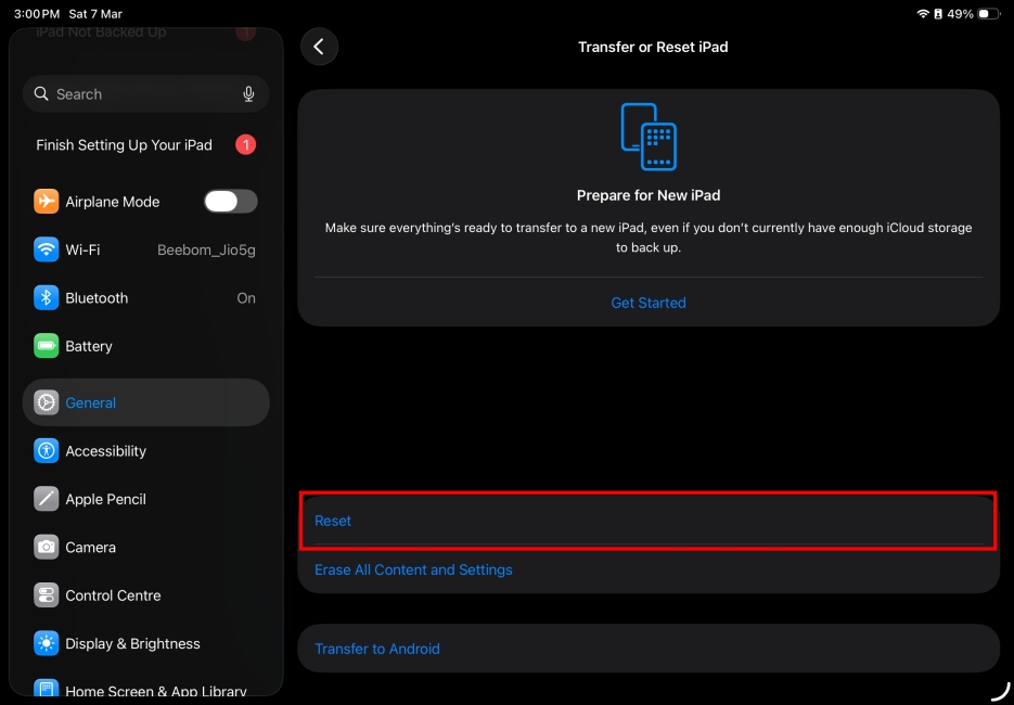 Select the Reset option in the iPad settings