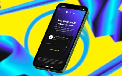 AI Wrapped Podcast screen inside Spotify on a tilted iPhone placed in front of an abstract yellow and blue background