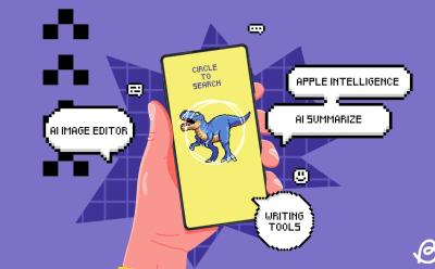 dot illustration of a hand holding a phone with bubbles with text featuring various AI terminologies