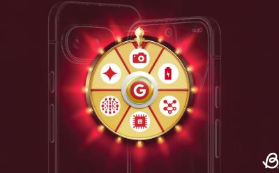 A spinning wheel with icons for camera, battery, AI, in front of a Google Pixel phone