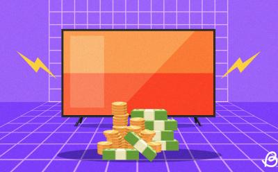 Illustration showing a TV with dollar stacks and coins on a purplish grid background