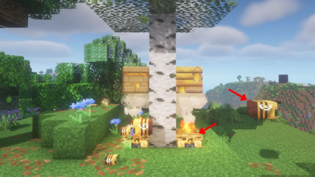 Completely filled beehive and bee nest in Minecraft