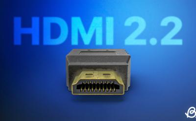 front view of an HDMI cable in front of a blue background with HDMI 2.2 text at the top