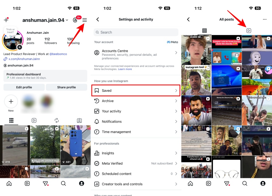 Opening Saved Collection to Search Instagram Watch History