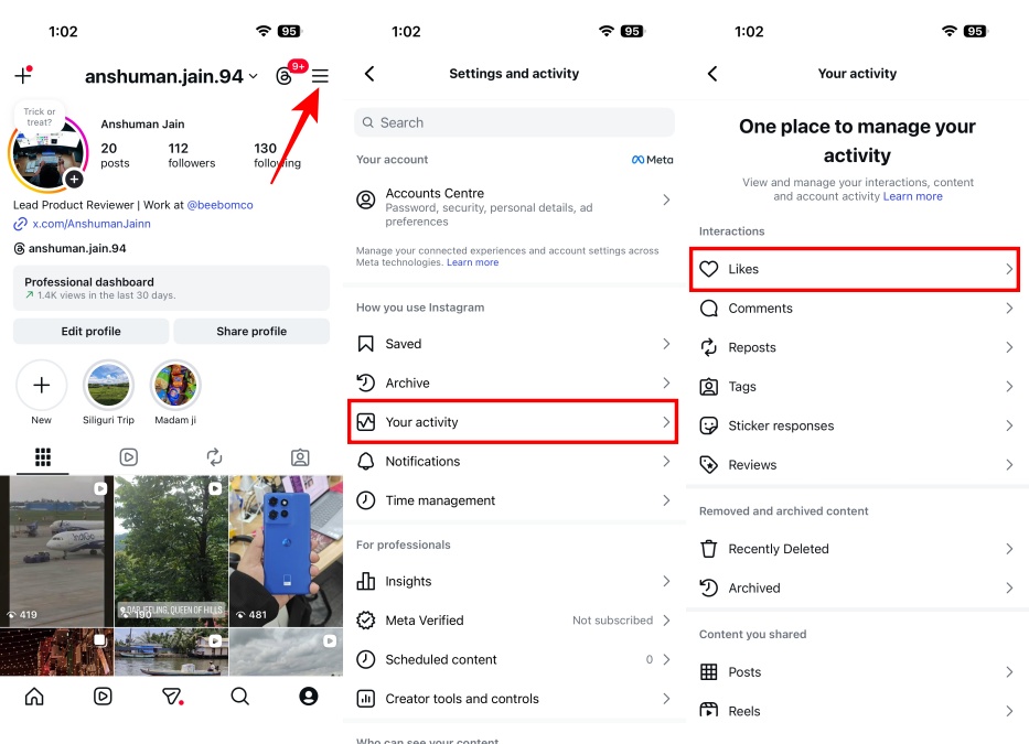 Opening Your Activity page on Instagram