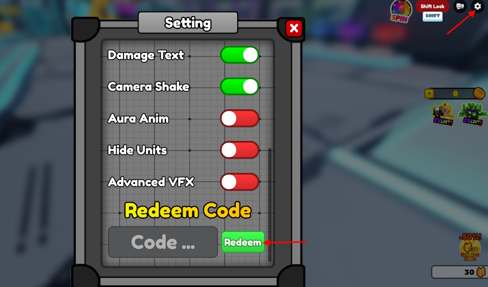 Opção de resgatar códigos de Skibidi Warriors