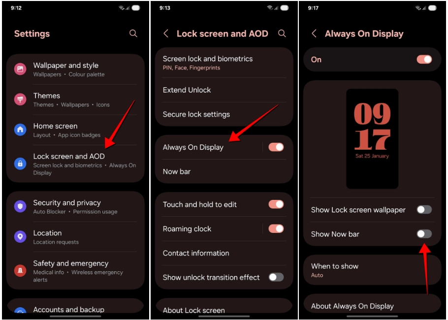 screenshots showcasing the process of disabling One UI Now Bar for the Always-on display on Samsung phone