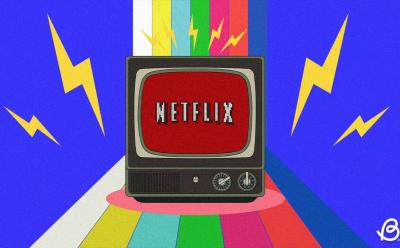 illustration of the Netflix logo on an old CRT TV with color strips in front of a blue background