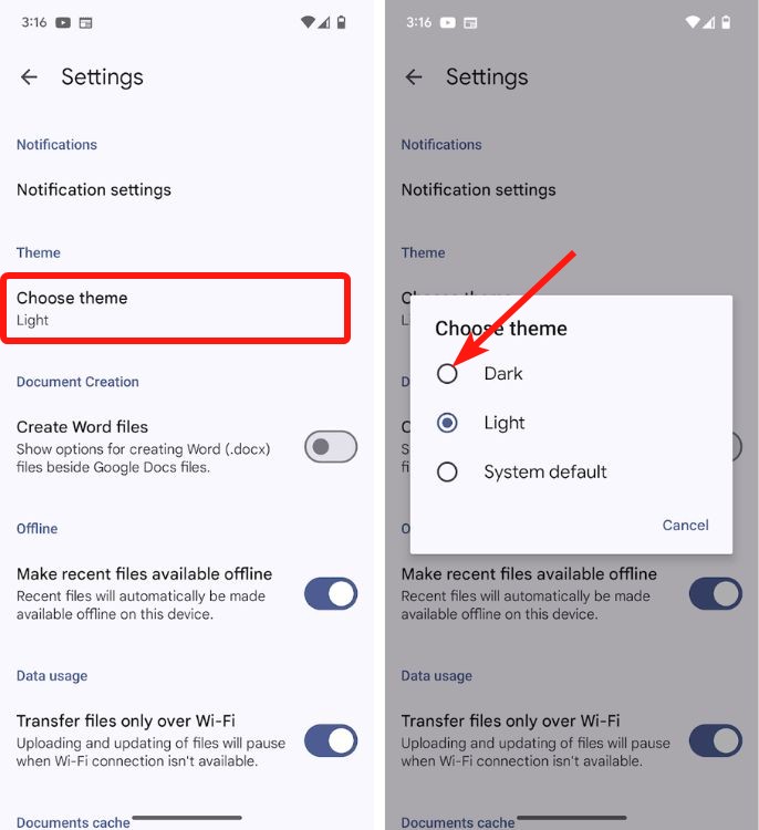Google Docs settings with device theme and dark theme option