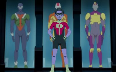 Kid Omni Man trying out his first suit in Inincible season 3.