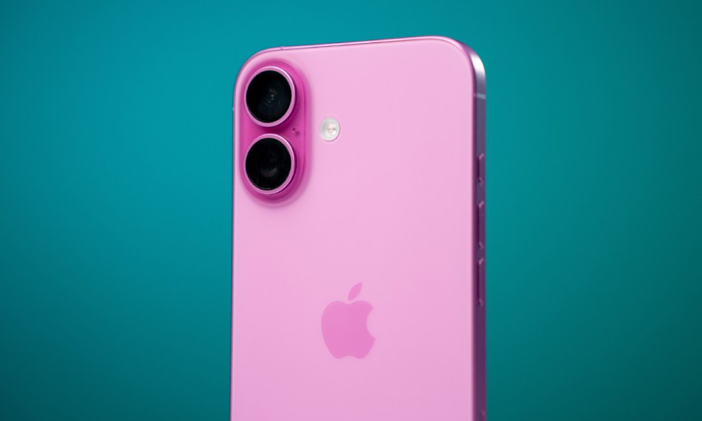 iPhone 16 in pink color with its camera in focus